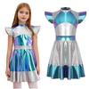 Kids Girls Halloween Alien Astronaut Cosplay Costume Fly Sleeve Shiny Metallic Party Tutu Dress