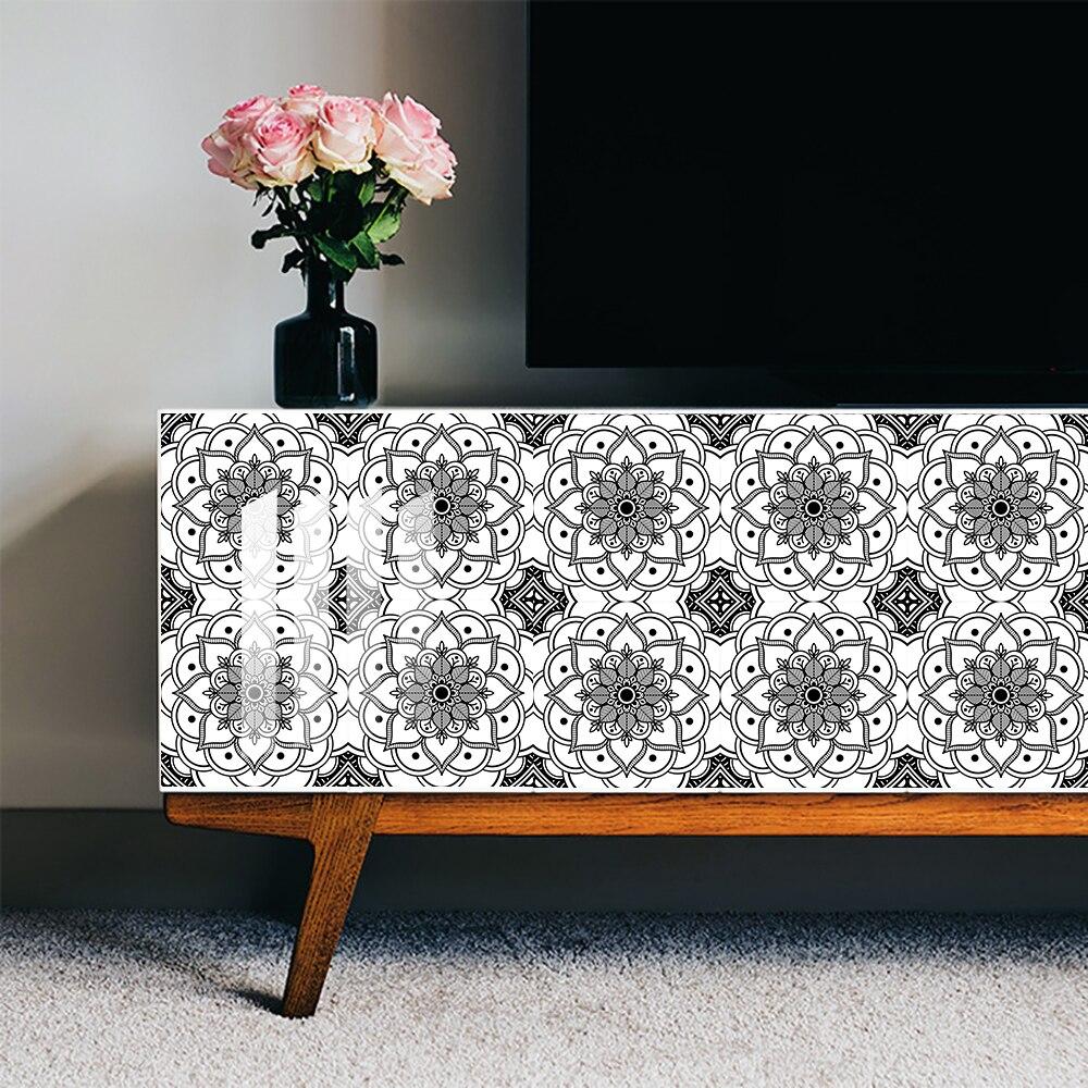 10pcs Black and White Mandala Tiles Wall Sticker Kitchen Backsplash Wardrobe Counter Home Decor Self-adhesive Waterproof Art Mural