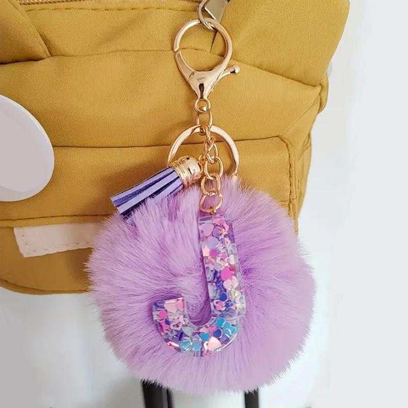 Adorable A-Z Letters Initial Keychain Sparkling Resin Alphabet Fluffy Hairball Pendant Backpack Decoration Accessories Gifts