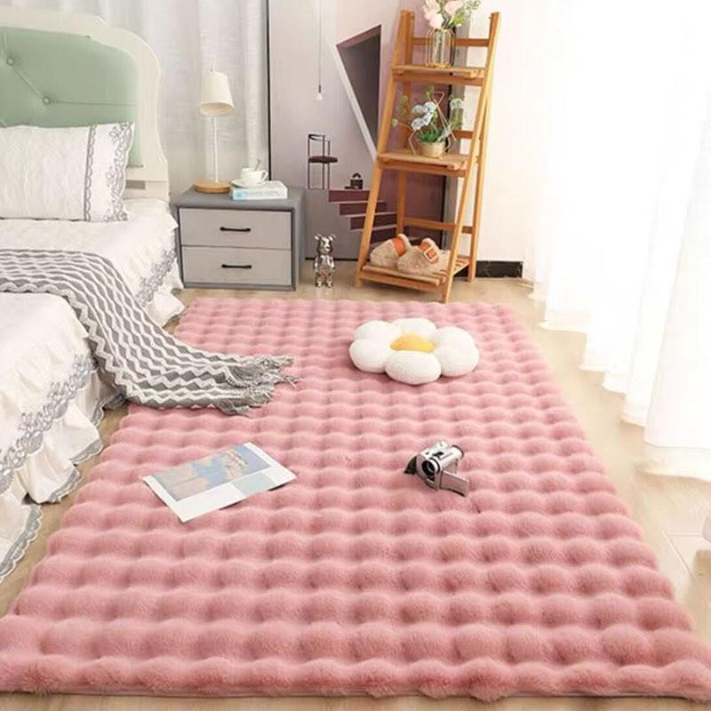 Cream Imitation Rabbit Fur Plush Rug: Bubble Plush Floor Mat for Bedroom, Bedside, Living Room, Bay Window Cushion, Blanket