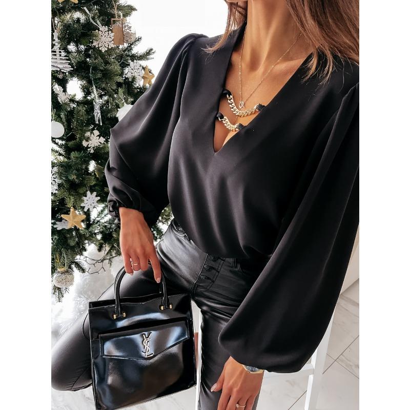 Women's Solid Colour V-Neck Lantern Sleeve Women's Blouse Top