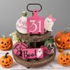 Halloween Tiered Tray Decor Set Happy Halloween Wooden Signs Cute Ghost Model Witch Spider Hat Ornaments Festive Atmosphere Decoration