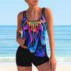 Women's Shoulder Strap Swimsuit Multicolored Graffiti Print Bikini Tankini Swimsuit
