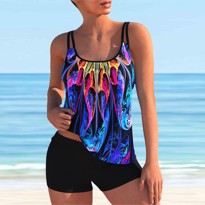 Women's Shoulder Strap Swimsuit Multicolored Graffiti Print Bikini Tankini Swimsuit