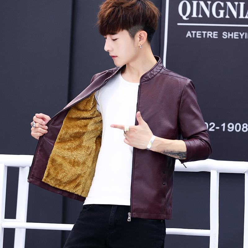 Men's Leather Jacket Spring and Autumn Middle and Young Motorcycle Style Trendy PU Leathe Jacket Plu Velvet Thickened Slim Stand Collar Jacket for Men