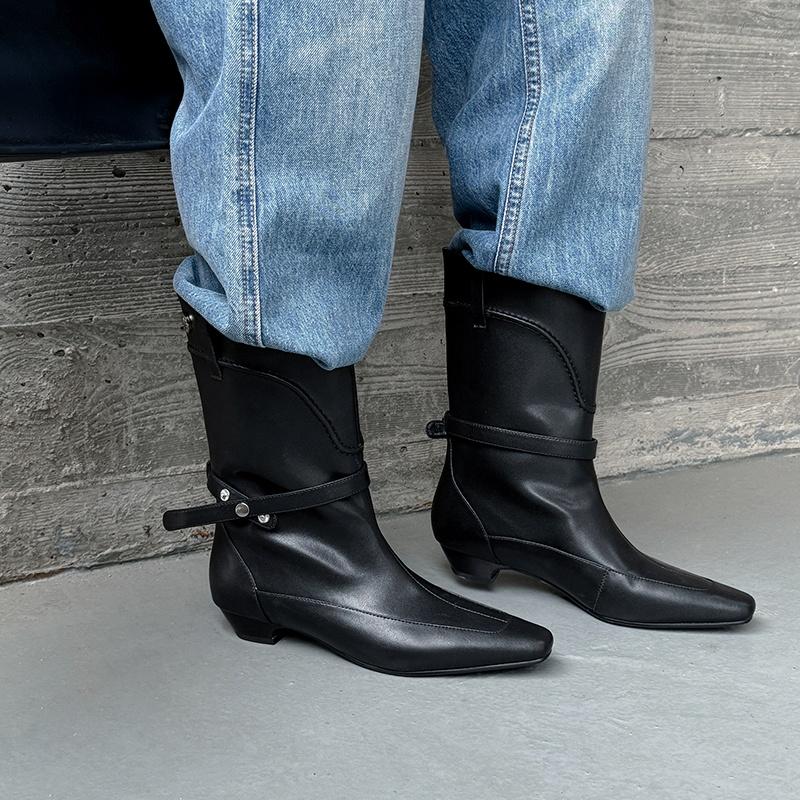 Fashion 2025 Ins New Sheepskin Boots Handmade Square Toe Chunky Mid Heel Autumn Winter Ankle Boots Fashion Office Dress Women's Shoes