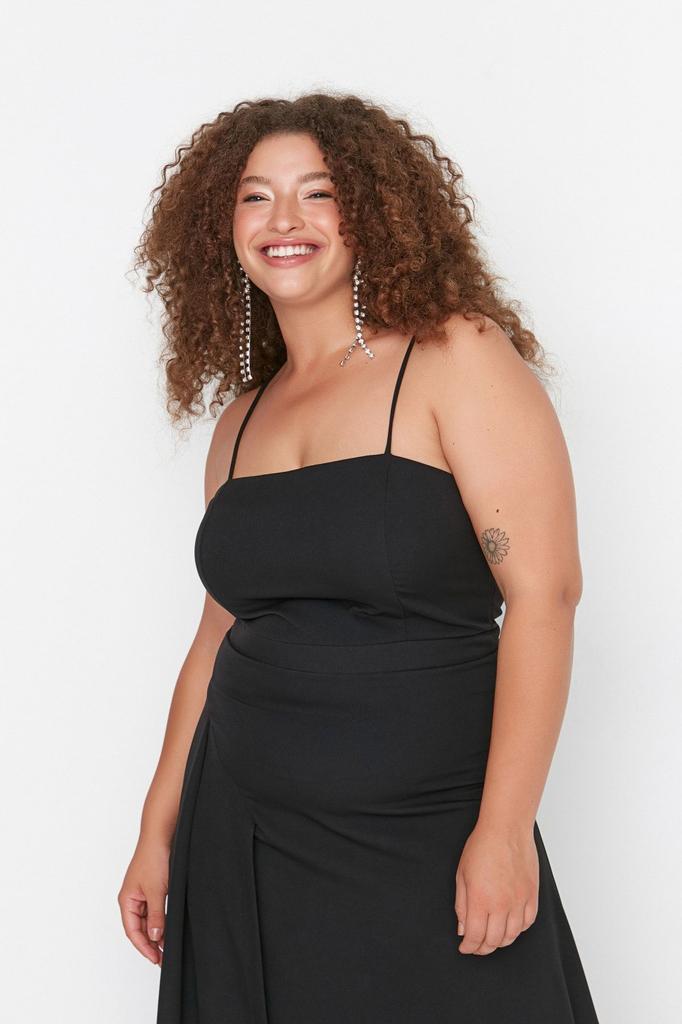 Women's Style Plus Size Black Woven Thin Strap Evening Dress