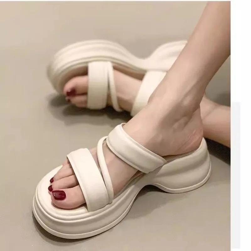 Summer New Hot Sale Women's Slippers Round Toe Platform Open Toe Outdoor Casual Flat Heel Fashion Concise Sandals