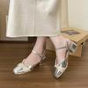 Women's French Style with Bag Head, Beautiful Silver Skirt Sandals, One-word Heel with Fairy Style Thick Sandals, Female Middle Heel