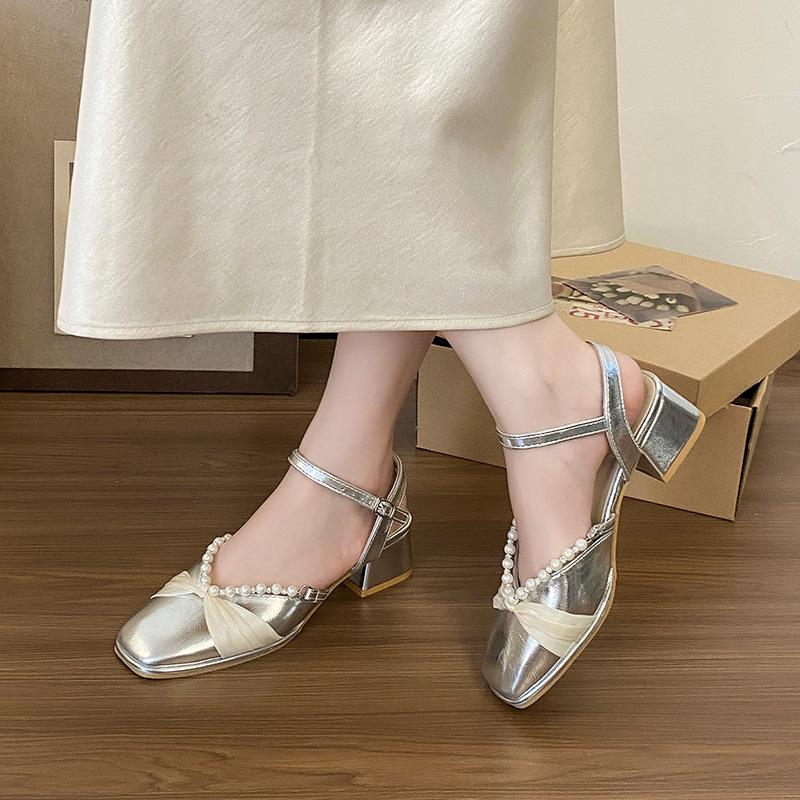 Women's French Style with Bag Head, Beautiful Silver Skirt Sandals, One-word Heel with Fairy Style Thick Sandals, Female Middle Heel