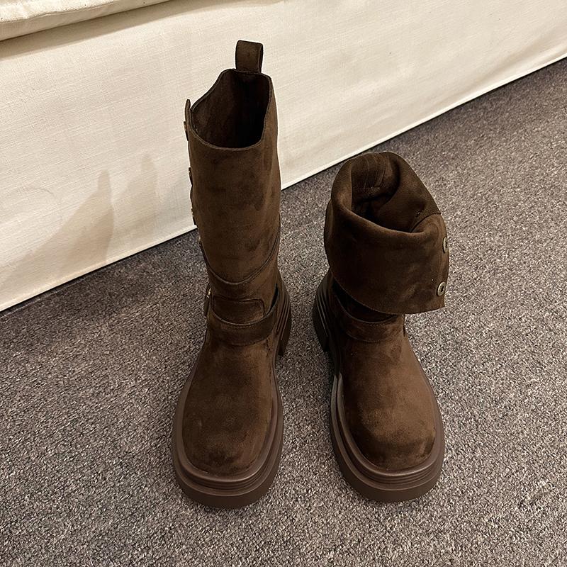 Mid-calf Flat with Modern Boots Winter Slip-on 2024 High Quality Women's Shoes Round Toe Low Heel Buckle Novelty Women's Boots