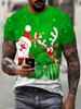 Men's 3D Digital Santa & Reindeer Christmas Print Short Sleeve T-Shirt - Vibrant Green Holiday Graphic Tee with Snowflakes