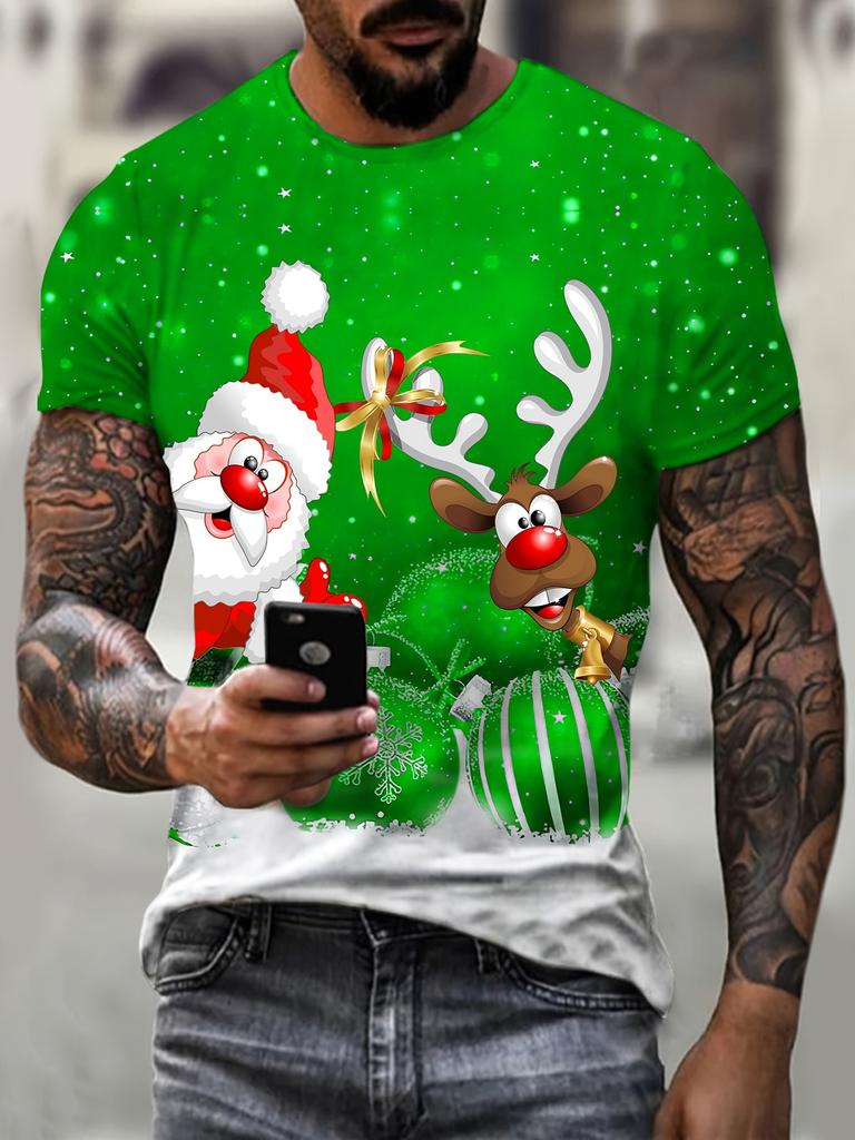 Men's 3D Digital Santa & Reindeer Christmas Print Short Sleeve T-Shirt - Vibrant Green Holiday Graphic Tee with Snowflakes