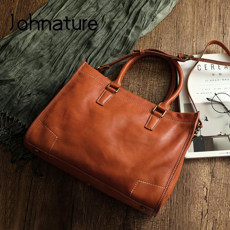 Johnature Genuine Leather Large Handbag Women Bag Natural Soft Cowhide Casual Tote Solid Color Simple Shoulder Bags