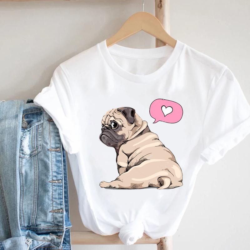 Women Printing Short Sleeve Tshirt Dog Pug Love Cute Casual Fashion Clothes  T Tee Top Print  Female Clothing Graphic T-shirt