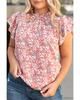 Pink Plus Size Floral Print Ruffled Sleeve Frilled Neck Blouse