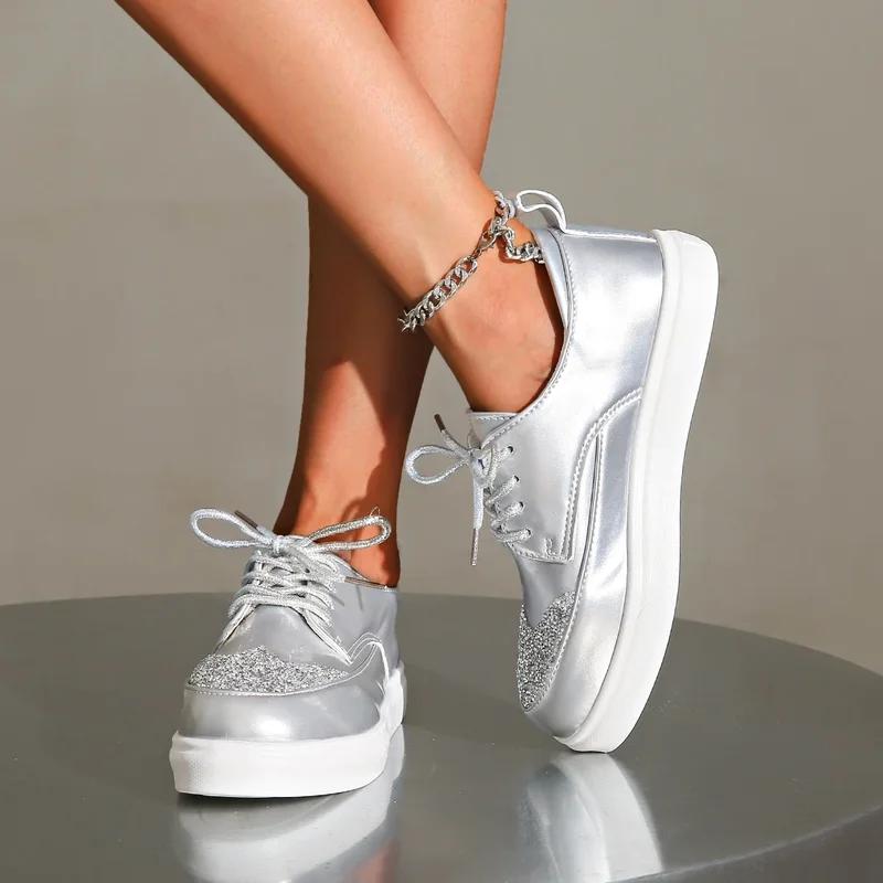Women Spring Autumn Platform Loafers Woman Round Toe Lace Up Designer Sneakers Sexy Elegant Silver Outdoor Casual Girl'S Shoes