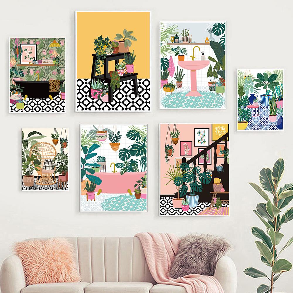 Greek Tile Botanical House Plants Art Nordic Poster Home Decor Boho Retro Vase Leaves Pictures Modern Wall Art Canvas Paintings