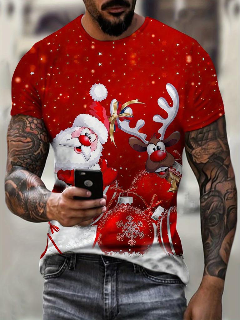 Men's 3D Digital Santa & Reindeer Christmas Print Short Sleeve T-Shirt - Vibrant Green Holiday Graphic Tee with Snowflakes
