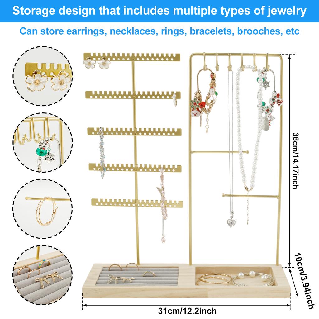 5-Tiers Earring Display Holder Stand Metal Necklace Bracelet Anklet Stud Earring Jewelry Storage Organizer Wooden Base Stand