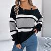 Women's Fashion Casual Loose Contrast Striped Metal Button Off-the-shoulder Sweater Long Sleeve Pullover Top
