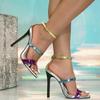Spot One-word Buckle High Heels Multi-color Metallic Stiletto Open-toed Party Sandals