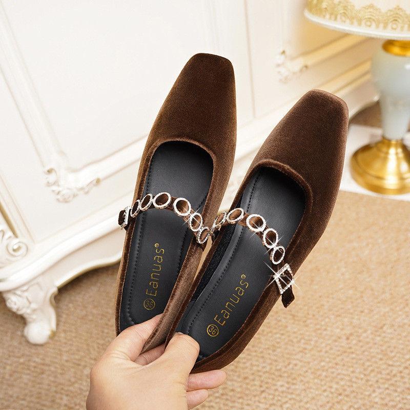 Retro Square Head with Rhinestone Evening Shoes Thick Middle Heel Suede Mary Jane Shoes 2025 Heightened Autumn and Winter New Models