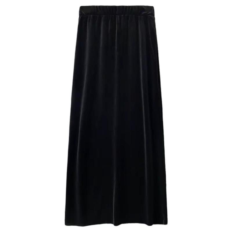 2025 Stylish Gold Velvet High-Waist Midi Skirt for Women - Black, Autumn/Winter, Sexy Long Slit
