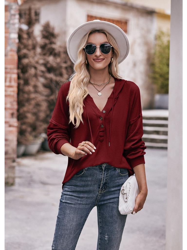 2024 New Autumn Winter Hooded Sweatshirts Women Fashion Buttons V-neck Long Sleeve Pullovers Ladies Casual Loose Hoodies