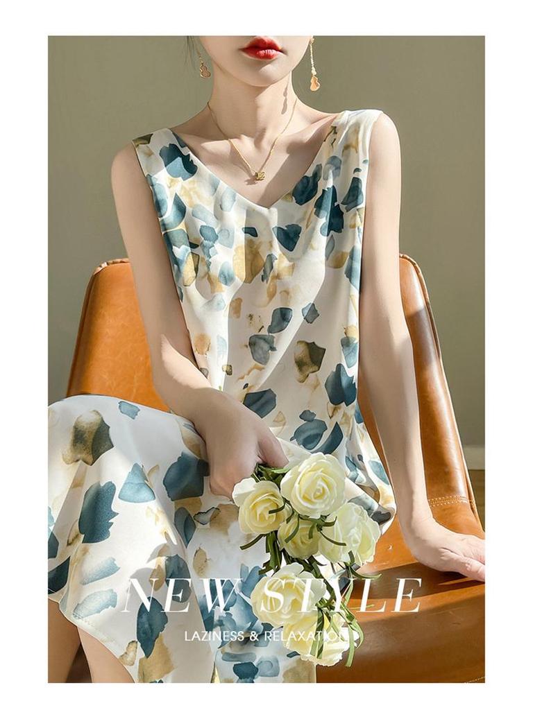 Silk Satin Women's V-neck Print Spaghetti Strap Maxi Dress - Summer 2025 Collection