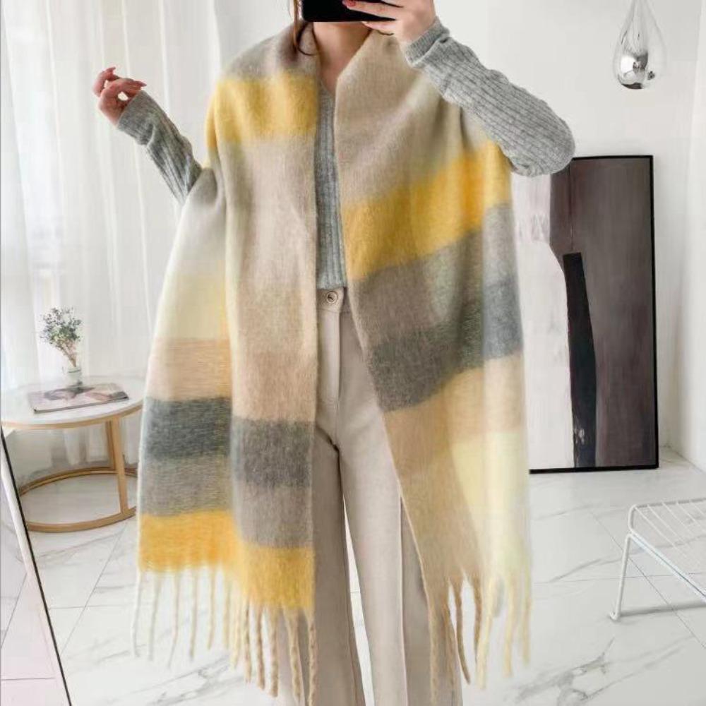 Versatile Four Color Cashmere Scarf Long Tassel Rainbow Winter Plaid Shawl Gradient Tie Dye Scarf