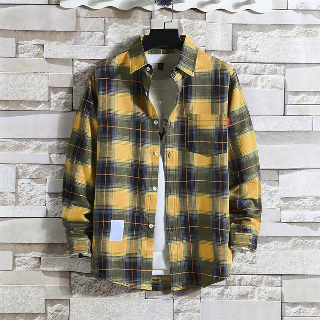Men's Blouses Lapel Shirt Long Sleeve Plaid T-shirts Loose Shirt With A Coat Button Down Casual Shirts Plus Size Fashion Tops