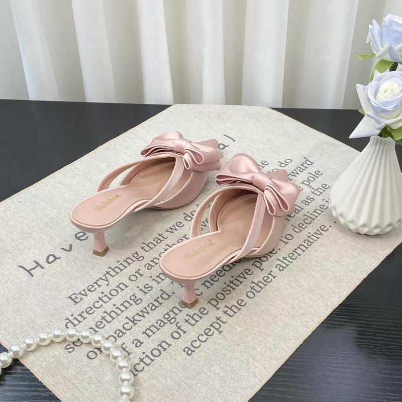 Comemore Ladies Luxury Woman Mules Shoes Elegant Thin High Heel Sandal 2024 Bow-knot Women Pointed Toe Slip On Slipper