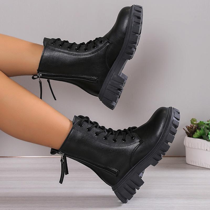 Fashion 2024 Black New Women Ankle Boots Autumn Winter Platform Lace Up Ladies Punk Boots Thick Sole Zipper Combat Booties Female