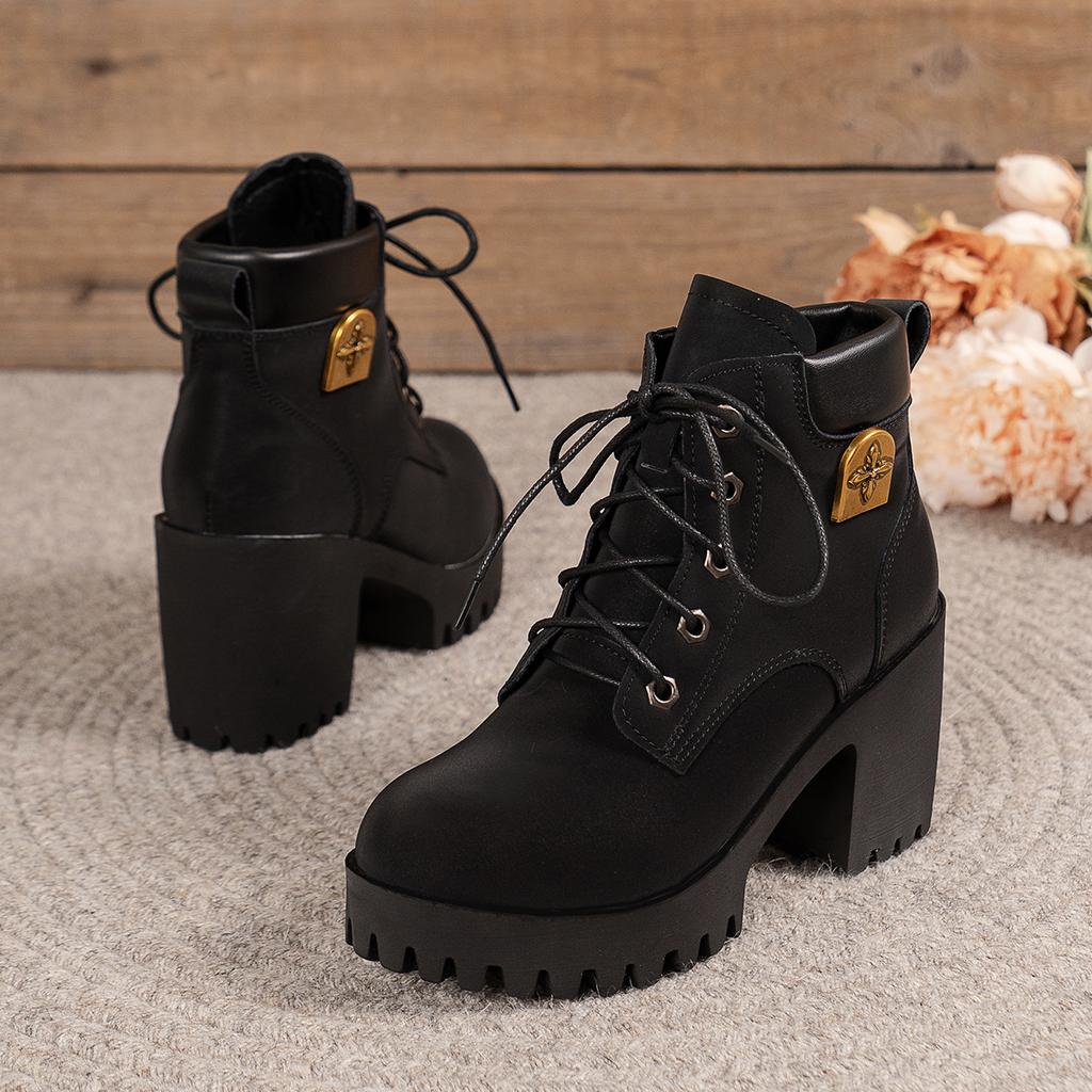 Size 35-42 Women Autumn Winter Platform High Quality Lace-Up 7.5cm High Heels Shoes Fashion Sexy Pink Short Boots Botas De Mujer