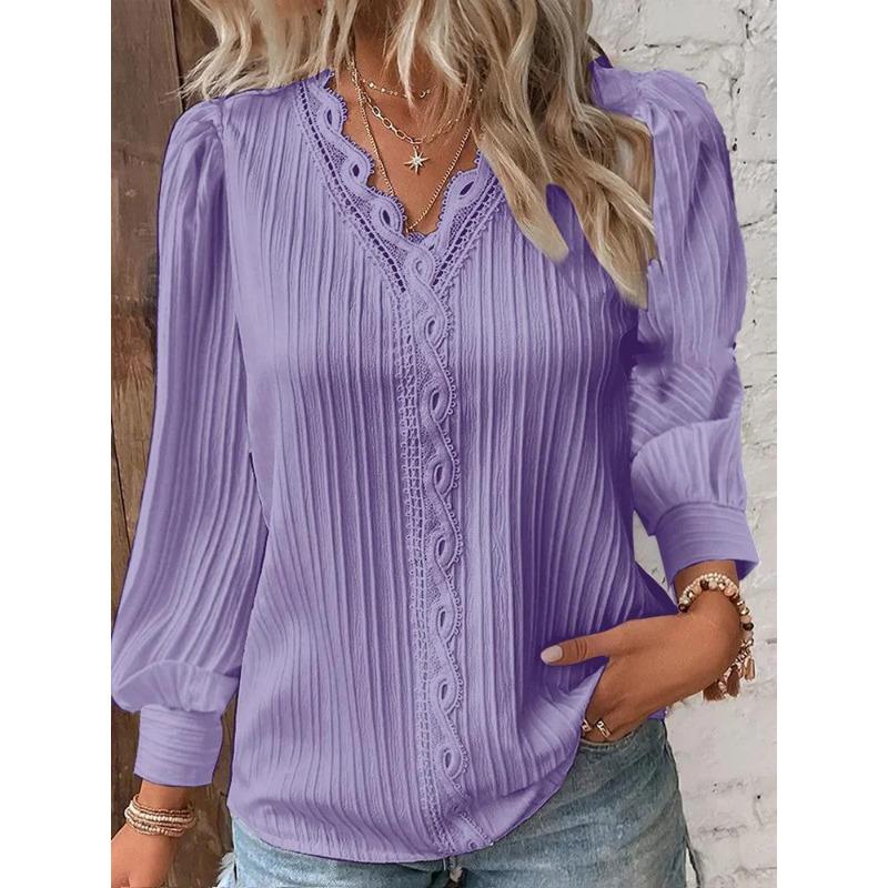 Long Sleeve V-Neck Fine Elegant Woman Shirts Lace Spliced Hollow Office Lady Blouses Youthful Fashion Loose Streetwear Tops