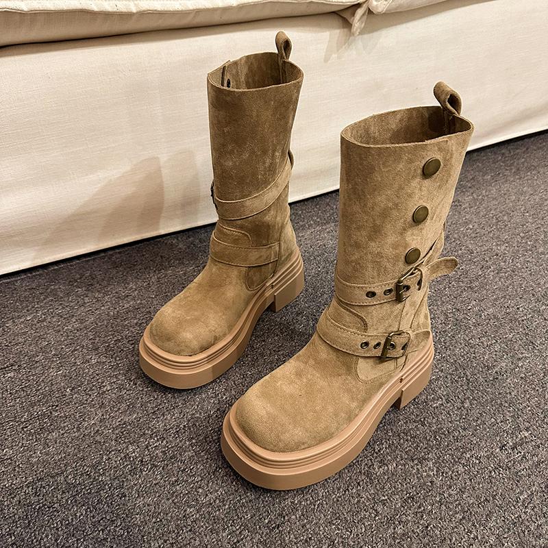 Mid-calf Flat with Modern Boots Winter Slip-on 2024 High Quality Women's Shoes Round Toe Low Heel Buckle Novelty Women's Boots