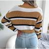 Women Autumn Winter O Neck Long Sleeve Striped Crop Loose Knit Pullover