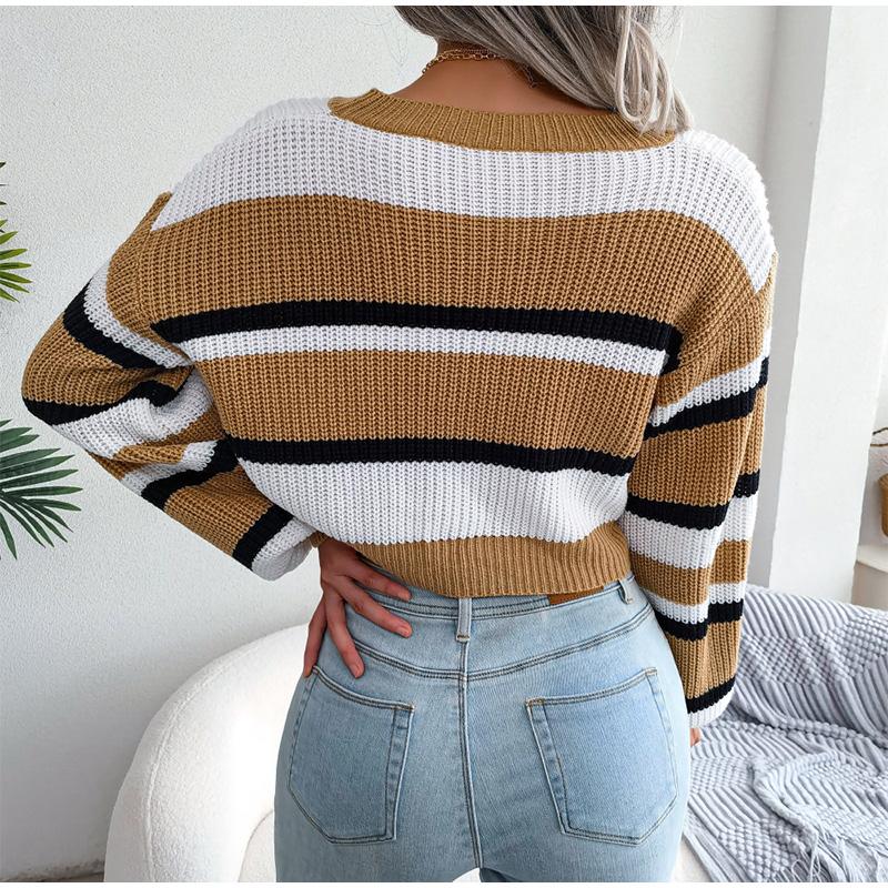 Women Autumn Winter O Neck Long Sleeve Striped Crop Loose Knit Pullover