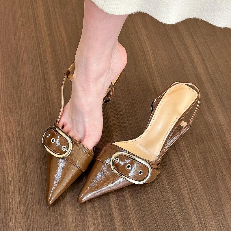 Fashion Metal Buckle High Heels Sandals Women Summer Silver Shallow Mouth Party Shoes Woman Korean Style Pointed Toe Thin Heels Sandals