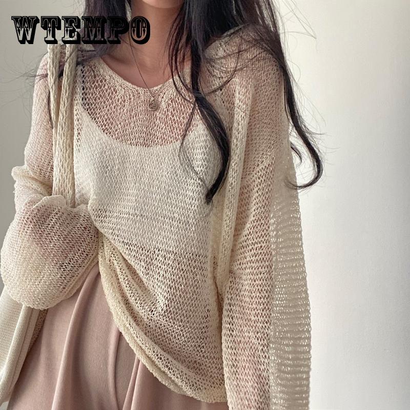 Long Sleeves Hollow Out Sweater Irregular Thin Design Women's Sun Protection Knitted Top V Neck Long Sleeves Loose and Lazy