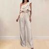 Women Summer Jumpsuit Ruffle Sleeveless High Waist Wide Leg One Shoulder Slant Neck Solid Color OL Commute Style Slim Fit Long Jumpsuit