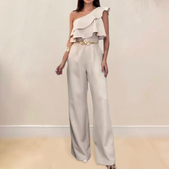 Women Summer Jumpsuit Ruffle Sleeveless High Waist Wide Leg One Shoulder Slant Neck Solid Color OL Commute Style Slim Fit Long Jumpsuit
