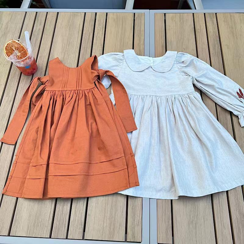 Girl Princess Dress 2023 Spring Autumn New Korean Kids Orange and Beige Retro Cotton Linen Embroidered Dresses Two Piece Set