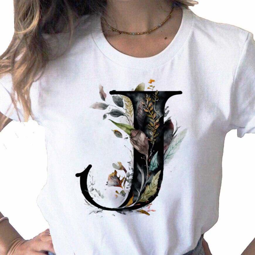 New Women T Shirt Custom Name Letter Combination Print Tshirt Flower Letter Font A B C D E F G Short Sleeve Female Tees Tops