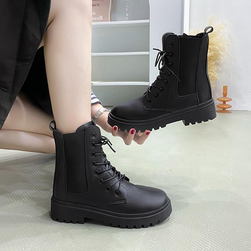 Size 42 Women Motorcycle Ankle Boots Wedges Female Lace Up Platforms Black Shoes Woman Botas Mujer