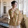 Women Chinese Style Shirts Tops V-Neck Long Sleeve Spring Print Floral Blouses Women Vintage Ramie Shirt