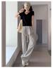Women's Korean Pinstripe Wide-Leg Pants - Summer Casual, Loose Fit, Elastic Waist & Drawstring, Textured Straight-Leg.