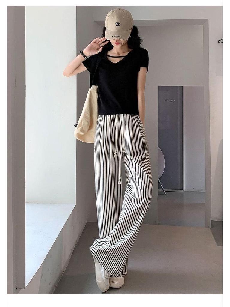 Women's Korean Pinstripe Wide-Leg Pants - Summer Casual, Loose Fit, Elastic Waist & Drawstring, Textured Straight-Leg.