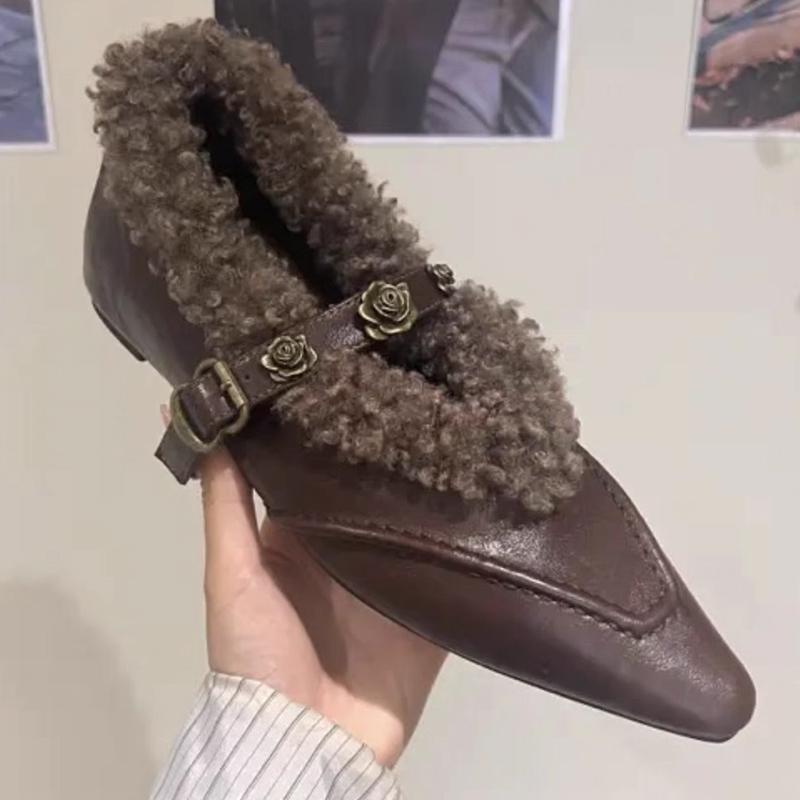 Fur Pointed Toe Women Shoes Flats Shallow Leather Shoes Woman 2025 Trend Winter Fashion Designer Walking Casual Zapatos Mujer